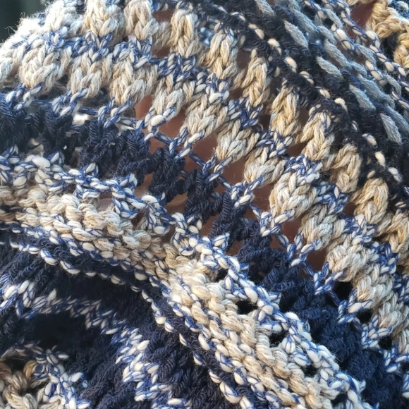 Benetton Womans Blue Knit Crochet Cut Out Striped Open Cardigan Sweater M NWT - Picture 14 of 14